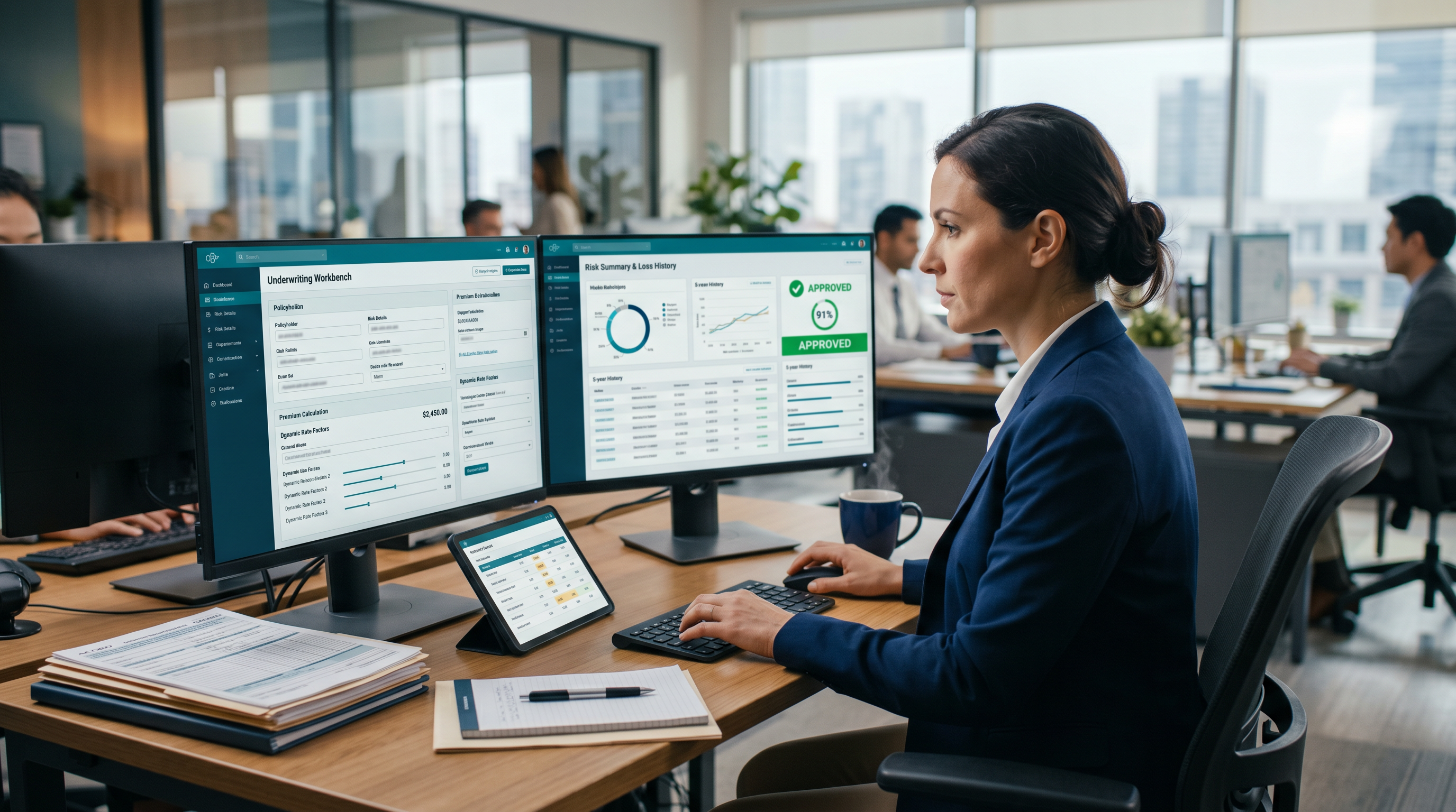 Insurance underwriter at a dual-monitor workstation reviewing a submission, rating tables, and document imaging in the Mercury Policy and Claims Administration System by Quick Silver Systems